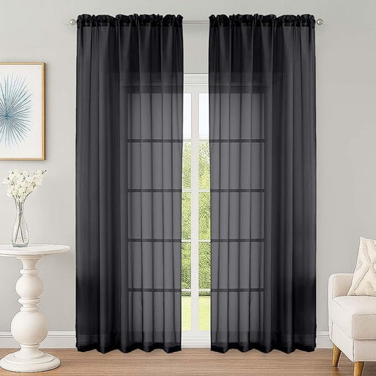 OWENIE Black Sheer Curtain 90 Inches Long 2 Panels Set, Solid Filmy Drapes for Living Room Bedroom, Elegant Window Voile Sheer Curtain Panels Drapes, 2 Pcs, Each 59W x 90L Inch