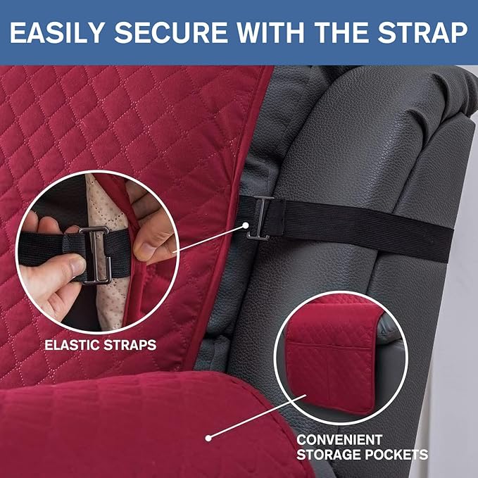 XINEAGE Water Resistant Recliner Cover, Nonslip Recliner Chair Covers for Reclining Chair with Pockets, Quilted Thick Recliner Slipcovers for Pets and Kids (Recliner Chair, Red)