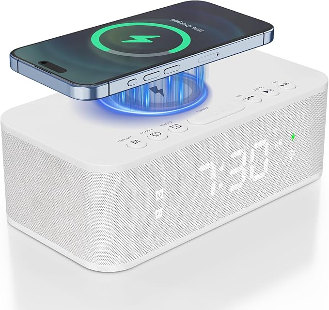 Digital Alarm Clock White Noise, Loud Digital Alarm Clocks Bedrooms, Alarm Clock Speaker Wireless Charger AUX USB Bluetooth Speaker 12/24H Dual Alarm Snooze Adjustable Brightness, White by FansbeDirect
