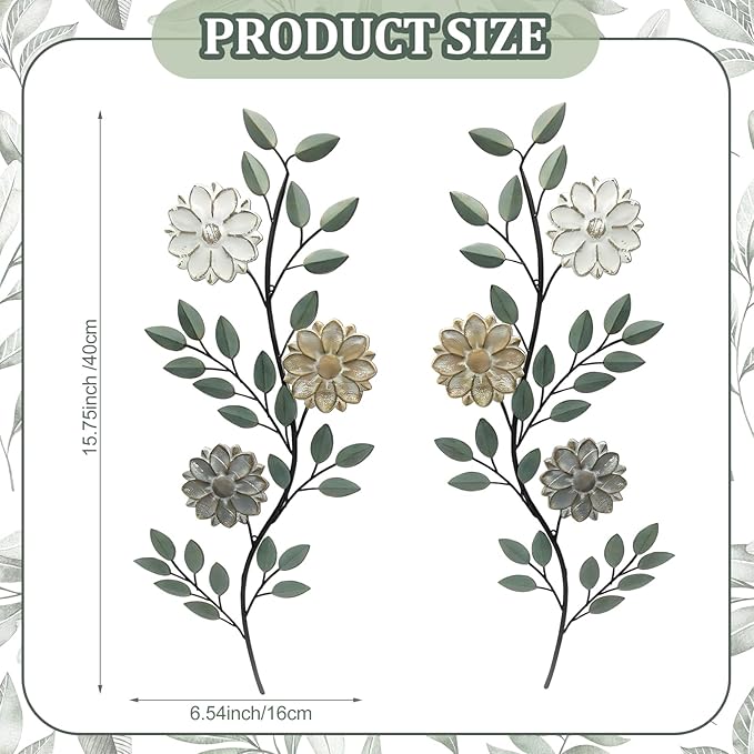 MorningRo 2 Pcs Metal Flower Leaves Wall Art Spring Wall Decor Living Room, 15.75 Inch Vintage Rustic Branch Leaf Wrought Iron Scroll Art Decor for Spring Bedroom Indoor Outdoor Decorations(Green)