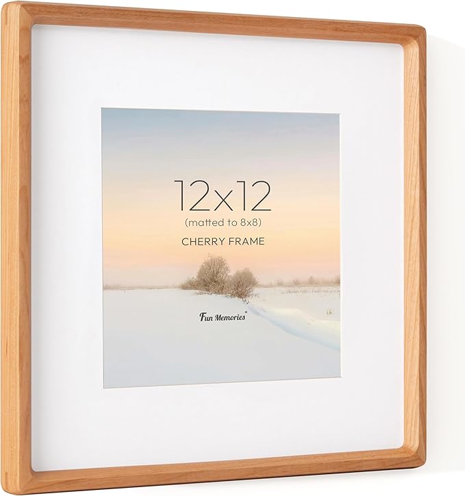 12x12 Frame, USA-Sourced Cherry Wood Photo Frames with HD Tempered Glass, Handcrafted Rounded Corner Square Wooden Frames Matted to 8x8 Photos, 12x12 Picture Frame, Tabletop or Wall Display