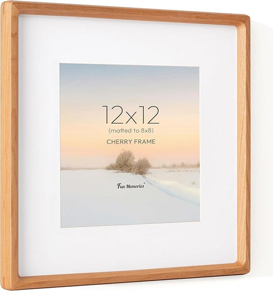 12x12 Frame, USA-Sourced Cherry Wood Photo Frames with HD Tempered Glass, Handcrafted Rounded Corner Square Wooden Frames Matted to 8x8 Photos, 12x12 Picture Frame, Tabletop or Wall Display