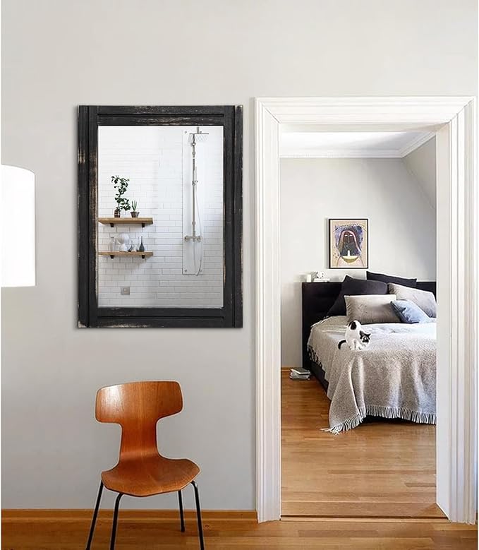 AAZZKANG Wall Mounted Mirror Small Rectangular Retro Mirrors with Wood Frame for Bedroom Living Room Bathroom Entryway Large 26"x18"
