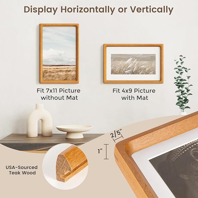 Fun Memories 7x11 Picture Frame, USA-Sourced Teak Wood Photo Frames with HD Tempered Glass, Handcrafted Rounded Corner 7 x 11 Wooden Frame Matted to 4x9 Photos, 7x11 Frames, Tabletop or Wall Display