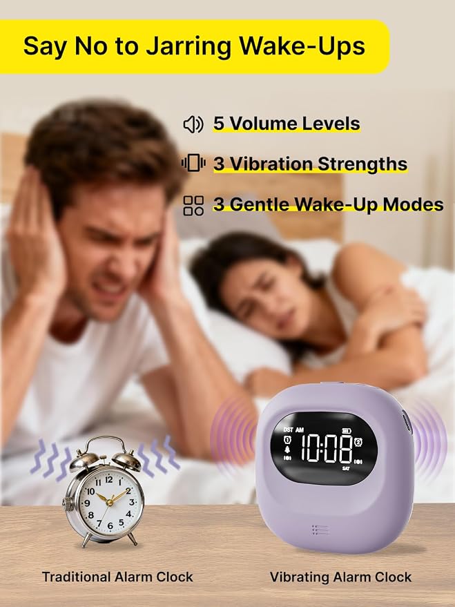 Vibrating Alarm Clock Rechargeable 3000mAh Battery Travel Clock Purple - Image 3