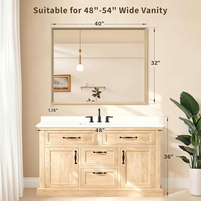 Oak Wood Effect Framed Wall Mirror, 32x40 Rectangle Mirror, Anti-desilvering Tempered Glass, Sustainable& Sturdy Frame, Farmhouse Mirror, Anti-Rust, 3min Fast Setup for Bathroom Living Room