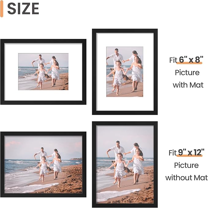 upsimples 9x12 Picture Frame, Display Pictures 6x8 with Mat or 9x12 Without, Wall Hanging Photo Frames, Black, 1 Pack