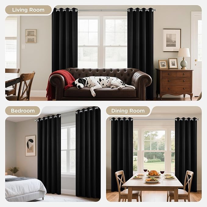 Joydeco Blackout Curtains 90 Inches Long, Black Curtains 2 Panels Set Thermal Insulated Drapes, Room Darkening Grommet Drapes for Living Room Bedroom Window (W52 x L90 Inch, Black)