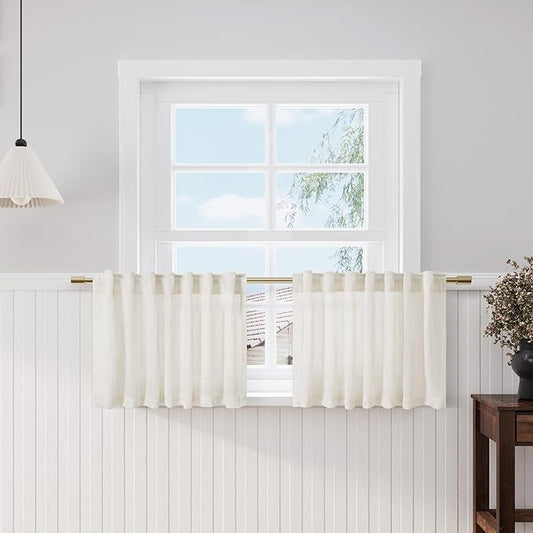 Nanspring Linen Textured Cream Curtains Window Toppers Valances Semi Sheer Back Tab Rod Pocket Drapes for Kitchen Bedroom Small Window Decor Wide 52 x Long 18 Inch Cafe Curtain 2 Panels Set 52x18