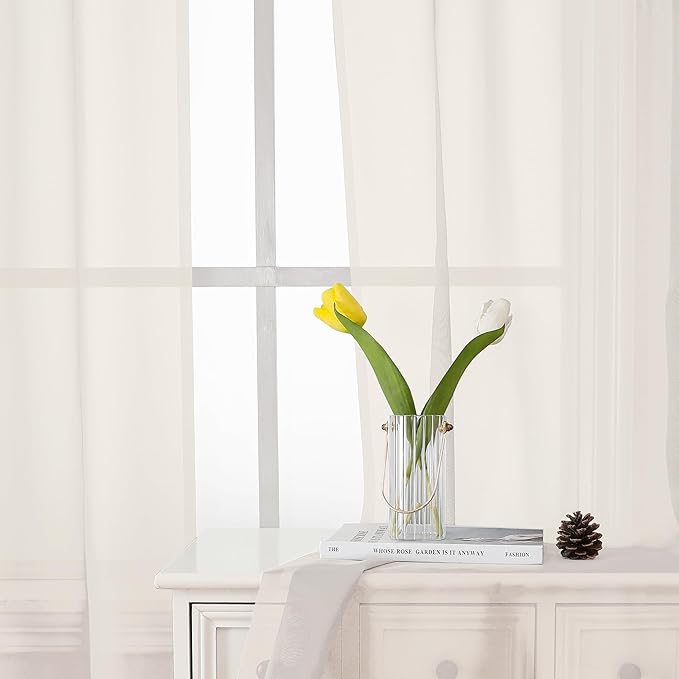 Lecloud Ivory Sheer Curtains 50 Inch Length 2 Pcs, Rustic Farmhouse Curtains with Rod Pockets, Light Filtering Window Solid Drapes for Bedroom Bathroom Basement Living Room, Each Panel 42" W x 50" L