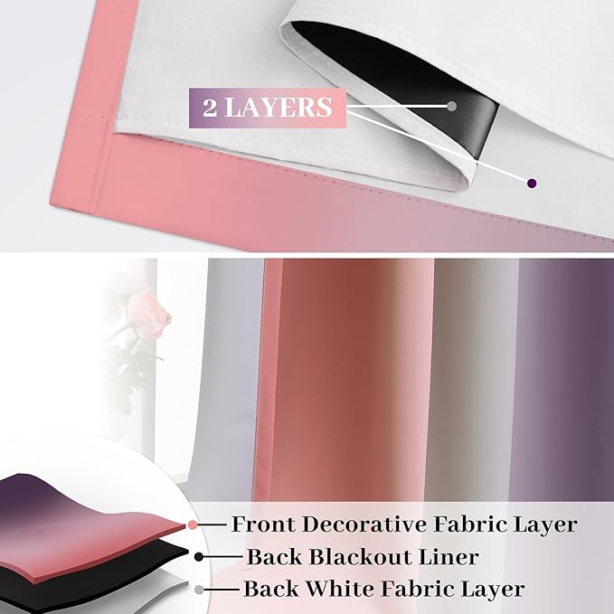 COSVIYA Dark Pink and Dark Purple 100% Blackout Curtains for Bedroom with White Back, 2 Thick Layers Full Room Darkening Thermal Insulated Grommet Drapes, 52x84 Inch, 2 Panels