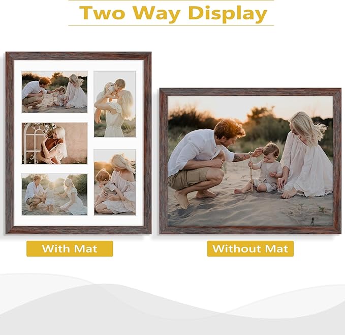Golden State Art, 11x14 Distressed Brown Wooden Frame with White Mat - Displays Five 4x6 Photos - Tempered Glass - Wall Mounting, Portrait, Set of 2