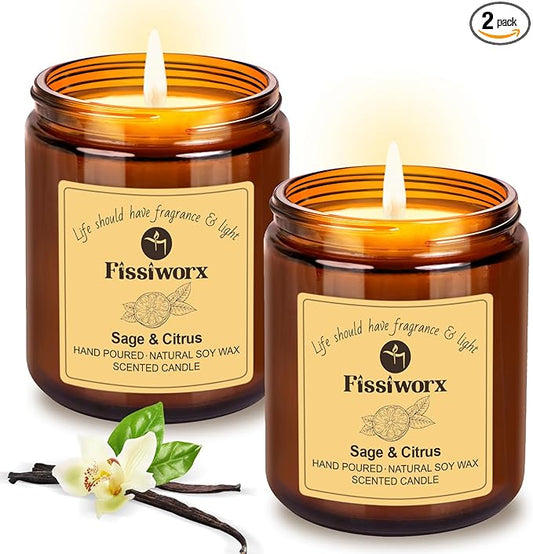 Sage & Citrus Scented Candle Set 2 Pack – Natural Soy Wax Hand-Poured – 60 Hour Long Lasting Burn – Relax and Relieve Stress – Premium Aromatherapy Candle for Home Decor, Gifts