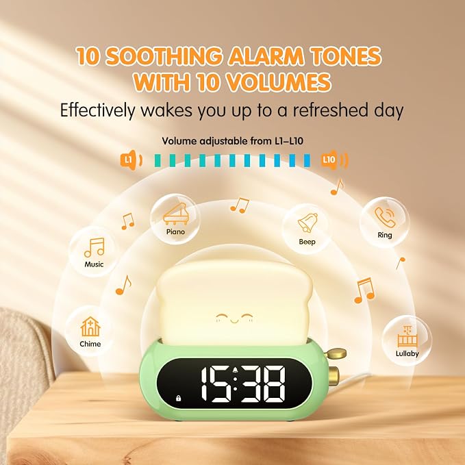 Kids Alarm Clocks for Bedroom, Cute Digital Clock with Night Light, 10 Ringtones, 10 Volumes, Nap Timer, Brightness Dimmer, Snooze, Bedside Alarm Clocks for Boys Girls Teens Birthday Gift, Plug-in Use - Image 3