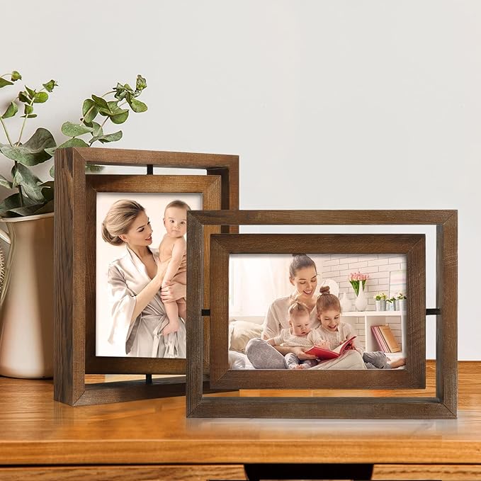 Egofine 2 Pack 4x6 Rotating Floating Picture Frames,Double-Sided Display with HD Glass Front Wooden Distressed Frame for Vertical or Horizontal Tabletop Display, Carbonization