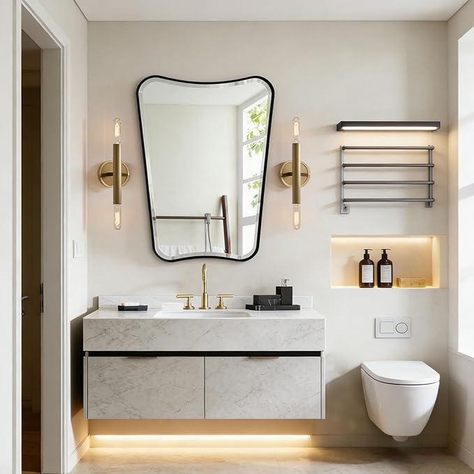 POZINO Irregular Beveled Mirror, 22"x30" Matte Black Bathroom Vanity Mirror for Over Sink, Modern Aesthetic Butterfly Shape Decorative Mirrors for Bedroom Living Room Entryway Hallway Fireplace