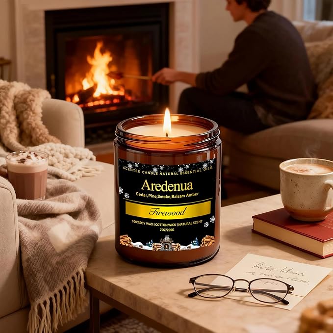 Firewood Scented Candle | Smoky Wood Scent 7oz Soy Candles for Home Cozy Scented, Holiday Aromatherapy Candles | Candle Gifts for Women Men - 50H Clean & Long Lasting Burn