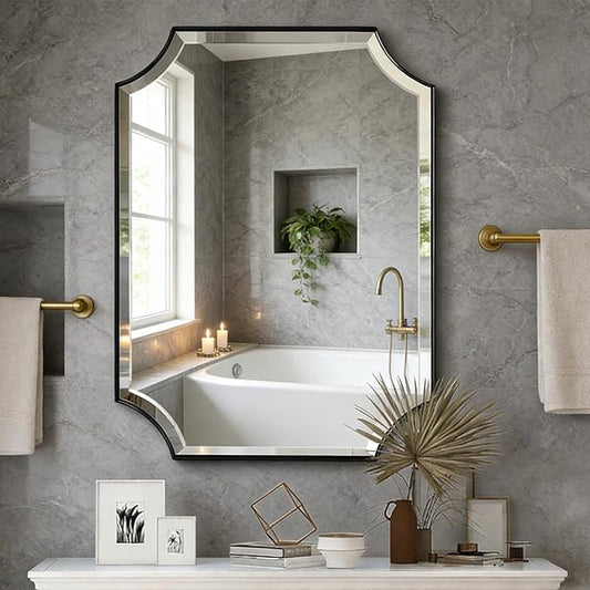 POZINO Modern Beveled Mirror, 24"x36" Bathroom Vanity Mirror for Over Sink, Matte Black Rounded Corner Rectangle Wall Mirrors for Living Room Bedroom Entryway, Horizontal or Vertical Hanging