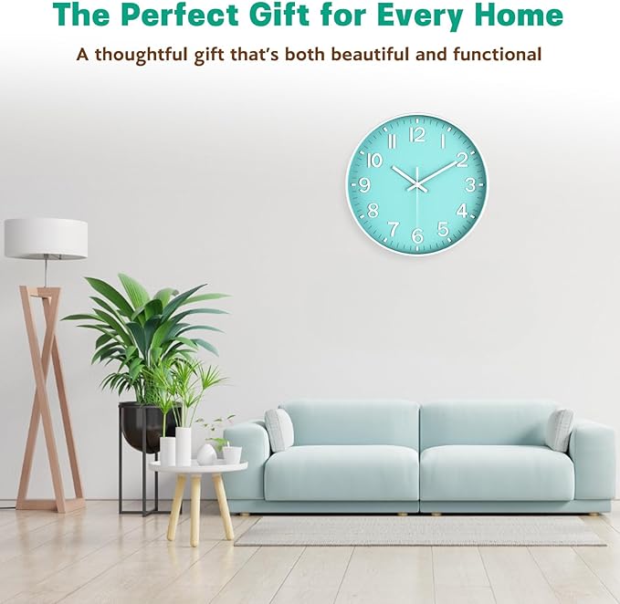 Modern Wall Clock Silent Non-Ticking ?€? Coral Green Analog Wall Clock Battery Operated for Living Room, Kitchen, Bedroom, Office ?€? Stylish Wall Decor for Home, 12 Inch