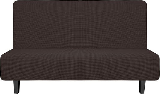 Easy-Going Stretch Futon Slipcover Armless Futon Bed Cover Furniture Protector Without Armrests with Elastic Bottom for Kids, Soft Jacquard Fabric Small Checks (Medium, Chocolate)