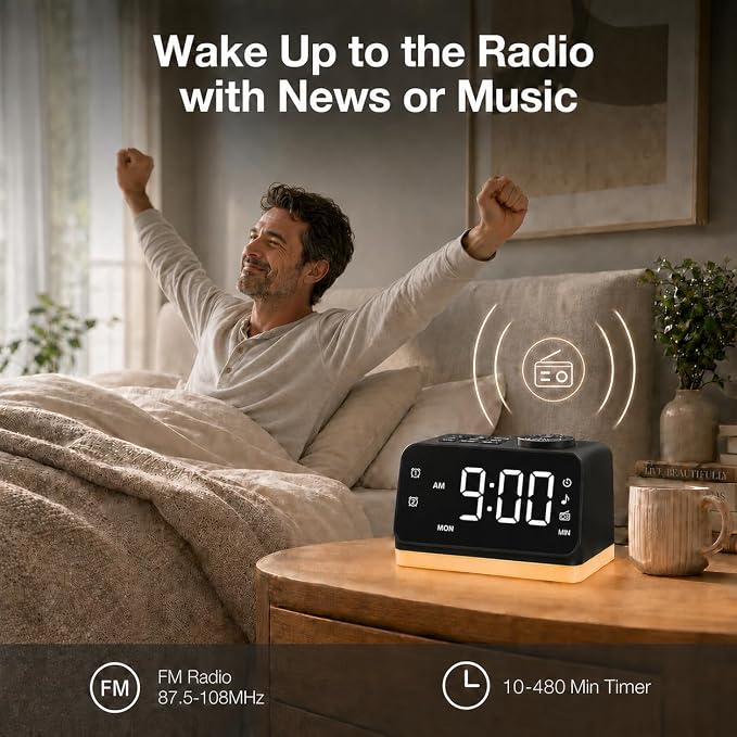 JALL Digital Alarm Clock with FM Radio for Bedroom, 8 Colors Night Light with 2 Charging Port, Sleep Sound Machines with Timer, Dual Alarm, Loud Alarm and Easy to Use for Seniors as Gift - Image 2