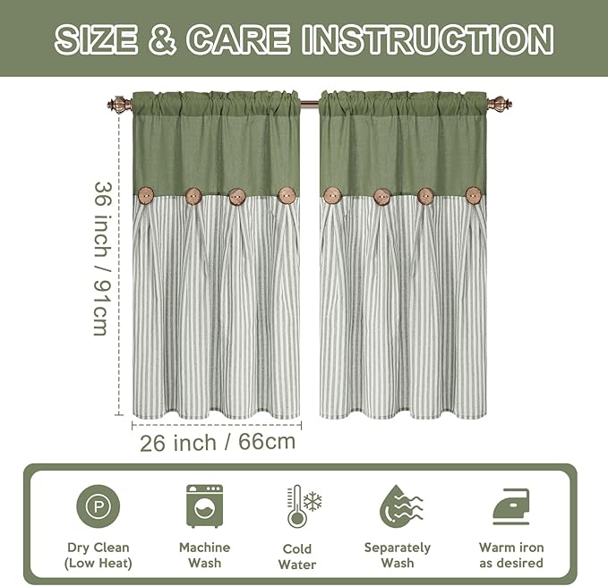 ASPMIZ Boho Linen Kitchen Curtains 36 Inch Length, Farmhouse Kitchen Window Curtain Over Sink, Green Stripe Short Curtains for Small Windows, Bathroom, Rod Pocket Window Treatment Tiers with Button