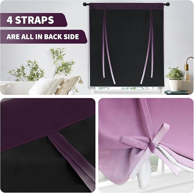 COSVIYA 100% Blackout Ombre Purple Adjustable Tie Up Curtains for Kitchen Thermal Insulated Room Darkening Valance Rod Pocket Balloon Roman Shade for Small Window,48" L x 34" W, 1 Panel