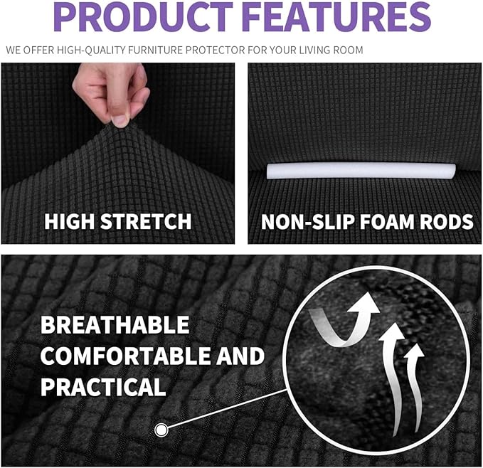 ZNSAYOTX Stretch Oversized Couch Cover Universal Sofa Covers for Living Room Dogs Pet Furniture Protector Spandex Extra Large Sofa Slipcovers with Anti Slip Foam Sticks (Black, XL Sofa)
