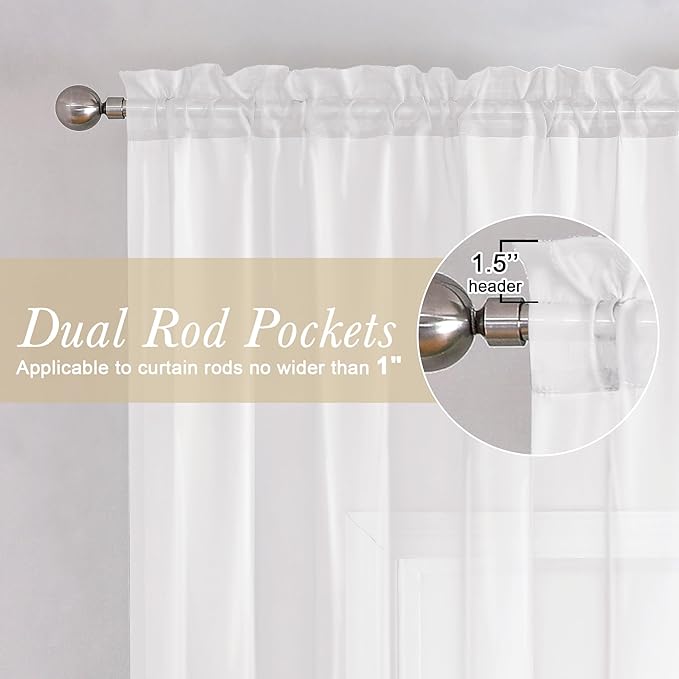Lecloud Sheer White Curtains 14 Inch Length 2 Pieces, Light Filtering Voile Cafe Kitchen Valance with Dual Rod Pockets, Bedroom Living Room Sheer Short Curtains for Small Window Decor, 40" Wx14 L