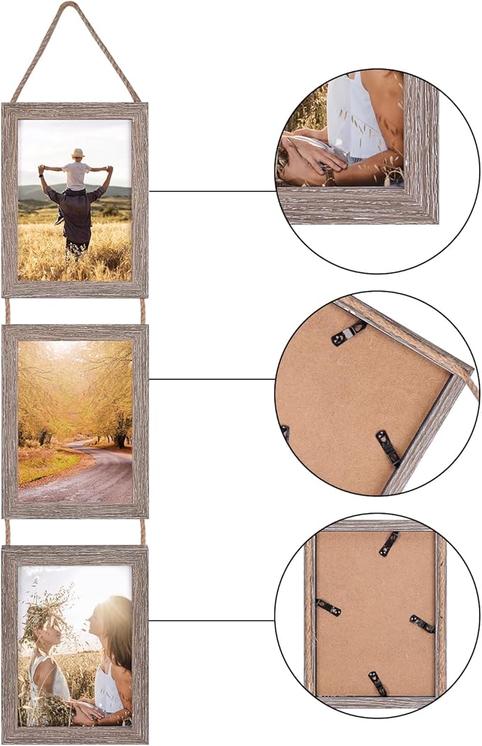 Lavezee 5x7 Collage Hanging Triple Picture Frames Set, Rustic 6 Opening Vertical Frame Made to Display 5 by 7 Inch Photo Postcard for Wall Decor