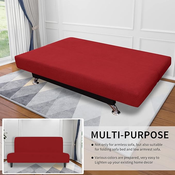 Easy-Going Stretch Futon Slipcover Armless Futon Bed Cover Furniture Protector Without Armrests with Elastic Bottom for Kids, Soft Jacquard Fabric Small Checks (Medium, Christmas Red)