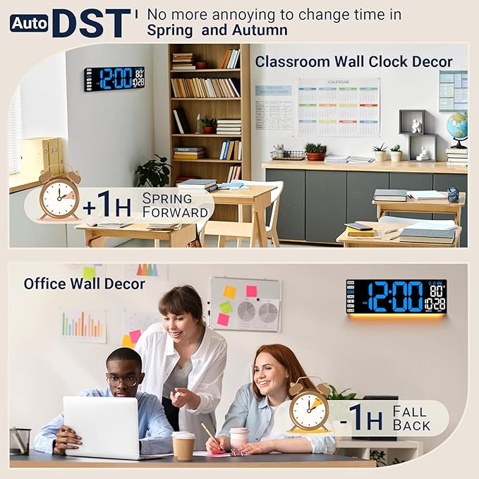 16.5" Large Digital Wall Clock with Remote Control, Auto-Dimming LED Display with Date Temp, Big Number Wall Mount Decor Clock for Seniors, Classroom, Dorm, Home, Office, Gym Blue
