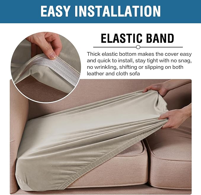 H.VERSAILTEX Velvet Stretch Couch Cushion Cover Plush Cushion Slipcover for Chair Loveseat Sofa Cushion Furniture Protector Seat Cushion Sofa Cover (3 Piece XL Sofa Cushion Covers, Oatmeal)