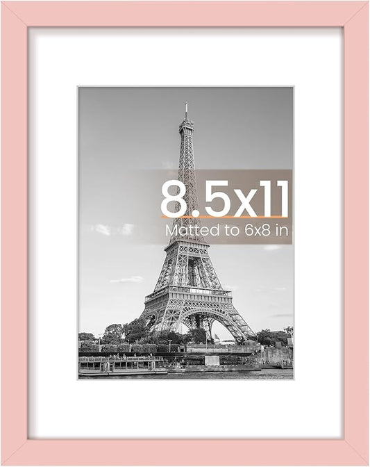 upsimples 8.5 By 11 Picture Frame, Display Pictures 6x8 with Mat or 8.5 x 11 Without, Wall Hanging Photo Frames, Pink, 1 Pack