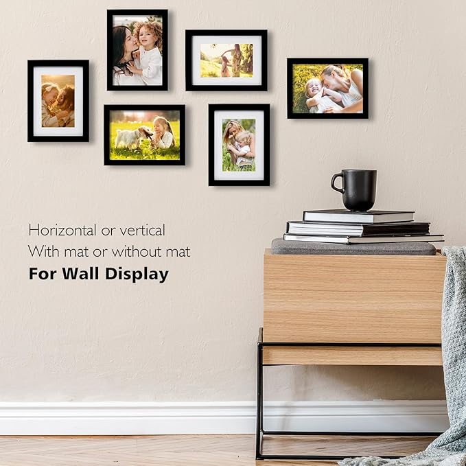 KINLINK 6x8 Picture Frame Black Set of 6, Wooden Photo Frames Matted 4x6 with Plexiglass for 4x6 with Mat or 6x8 without Mat for Table and Wall Display