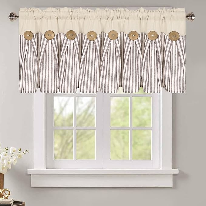 ASPMIZ Farmhouse Valances for Windows, Boho Kitchen Valances Curtains with Rustic Buttons, Brown Striped Window Valance for Living Room, Cotton Linen Valance for Bathroom, 52 x 18 Inches