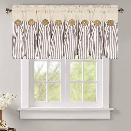 ASPMIZ Farmhouse Valances for Windows, Boho Kitchen Valances Curtains with Rustic Buttons, Brown Striped Window Valance for Living Room, Cotton Linen Valance for Bathroom, 52 x 18 Inches