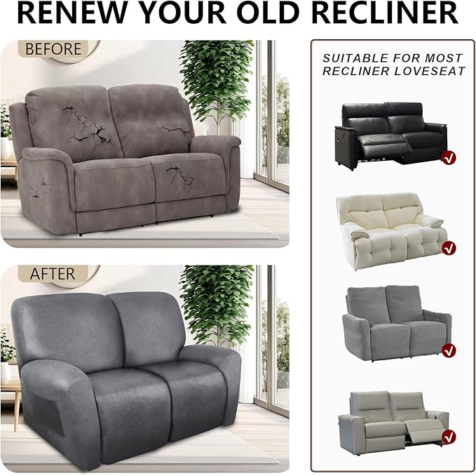 ANARACHON Loveseat Recliner Cover Leather Look Recliner Loveseat Covers Recliner Sofa Cover for 2 Seater Reclining Couch Spandex Fabric Washable 6 Pieces (2 Seater, 01 Light Grey)