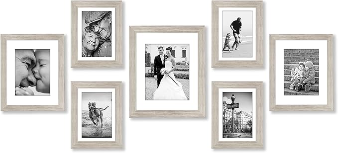 Americanflat Set of 7 Picture Frames with Shatter-Resistant Glass - Gallery Wall Frame Set with One 11x14, Two 8x10 and Four 5x7 Frames - Signature Collection - Driftwood