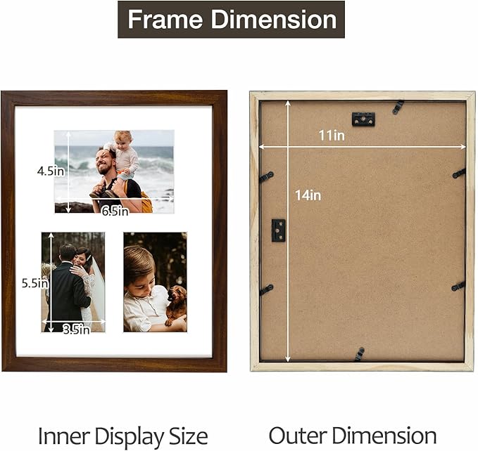 11x14 Brown Wood Picture Frame - White Mat for 5x7 and 4x6 Photos - Real Glass, Sawtooth Hanger, Swivel Tabs - Wall Mounting - Great for Posters, Weddings, and Engagements