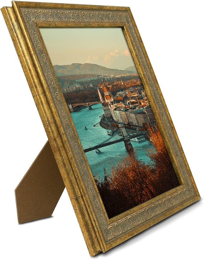 Golden State Art, 8X10 Ornate Finish Photo Frame, Distressed Gold Color, Real Glass