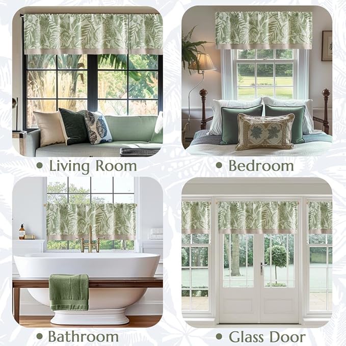 jinchan Linen Curtain Kitchen Valance for Windows Tropical Leaf Printed Valance for Living Room Bathroom Bedroom Blackout Country Farmhouse Kitchen Curtain 16 Inch Rod Pocket 1 Panel Green on Beige