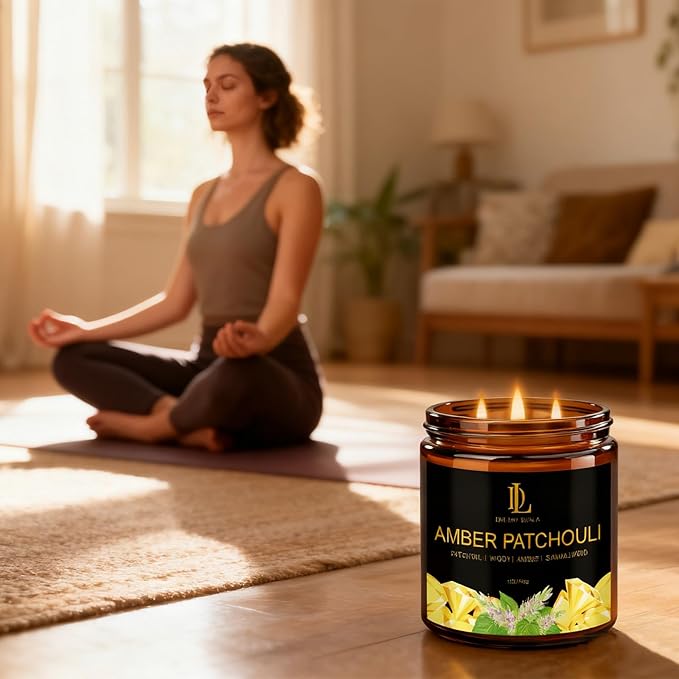Amber Patchouli Scented Candle, 12oz 60 Hour Long Lasting Candles, Large 3 Wick Natural Soy Candles for Home Scented, Candle Gifts for Women Men
