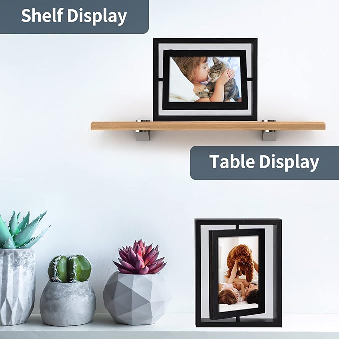 EXYGLO 2 Pack 5x7 Rustic Rotating Floating Picture Frames, Photo Frames for Vertical or Horizontal Tabletop Display, Black