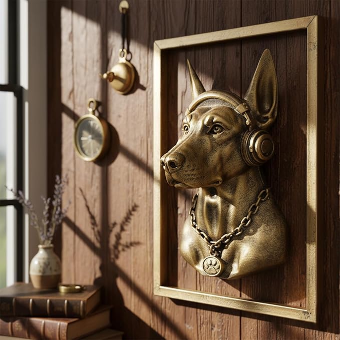 JJALIGHTS Animal Heads Wall Decor Doberman Resin Animals Sculptures Dobie Head Wall Hanging Decoration Imitation Copper vintage Wall Sculpture for Living Room Bedroom Office