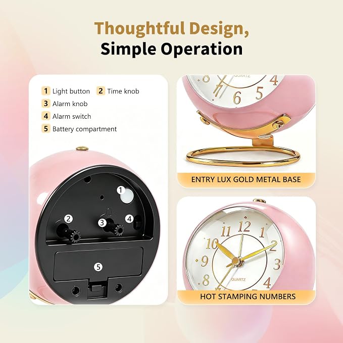 Analog Alarm Clock, Small Retro Desk Clock with Night Light, Backlight Cute Simple Design, Silent Non-Ticking, Battery Powered, for Bedroom,Travel,Kitchen,Bedside Desktop Decor - Image 4
