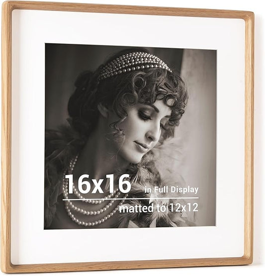 16x16 Picture Frame, USA-Sourced Oak Wood Photo Frames with HD Tempered Glass, Handcrafted Rounded Corner 16 x 16 Wooden Frames Matted to 12x12 Photos, 16x16 Frame, Tabletop or Wall Display