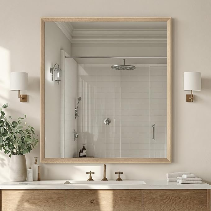Oak Wood Effect Framed Wall Mirror, 36x40 Rectangle Mirror, Anti-desilvering Tempered Glass, Sustainable& Sturdy Frame, Farmhouse Mirror, Anti-Rust, 3min Fast Setup for Bathroom Living Room