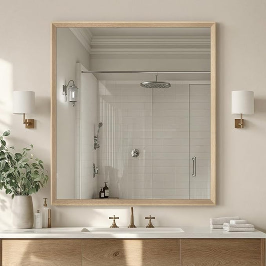 Oak Wood Effect Framed Wall Mirror, 36x40 Rectangle Mirror, Anti-desilvering Tempered Glass, Sustainable& Sturdy Frame, Farmhouse Mirror, Anti-Rust, 3min Fast Setup for Bathroom Living Room