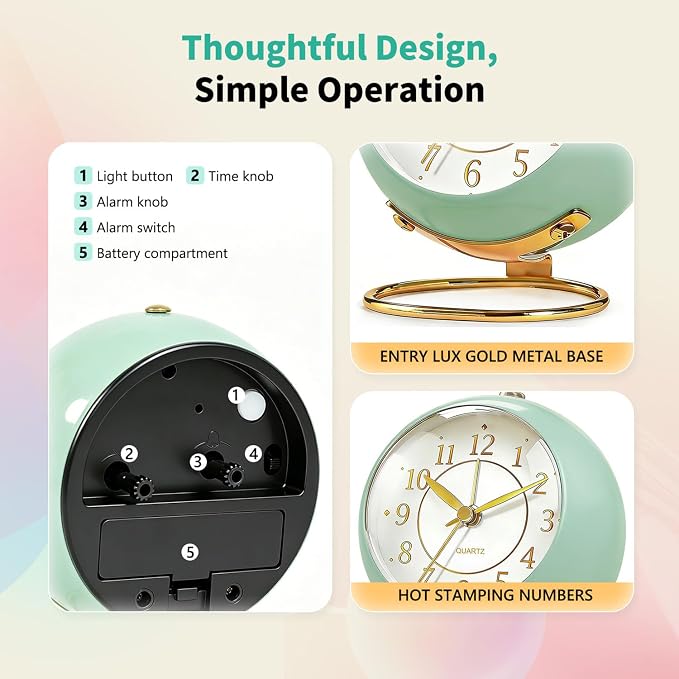Analog Alarm Clock, Retro Small Desk Clock with Night Light, Backlight Cute Simple Design, Silent Non-Ticking, Battery Powered, Clock for Bedroom,Travel,Kitchen,Bedside Desktop Decor - Image 4